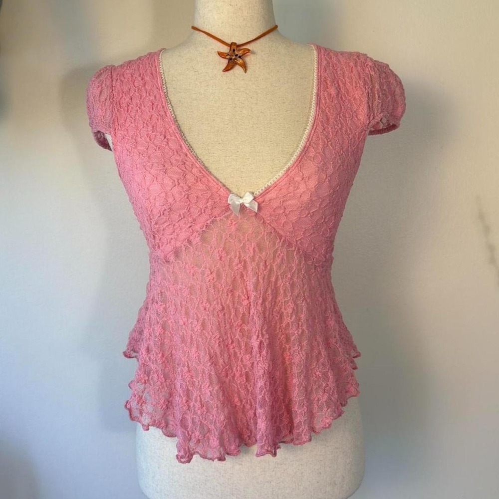 Love Tree Pink Lace Babydoll Cap Sleeve Peplum Top Coquette Cottagecore Small